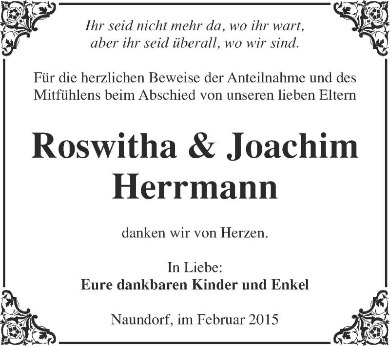  Traueranzeige für Roswitha Herrmann vom 18.02.2015 aus WVG - Wochenspiegel NMB / WSF / ZTZ