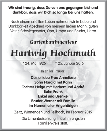 Traueranzeige von Hartwig Hochmuth von Super Sonntag Zeitz