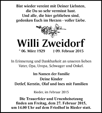 Traueranzeige von Willi Zweidorf von Super Sonntag Quedlinburg
