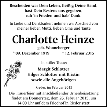 Traueranzeige von Charlotte Heinze von WVG - Wochenspiegel Quedlinburg