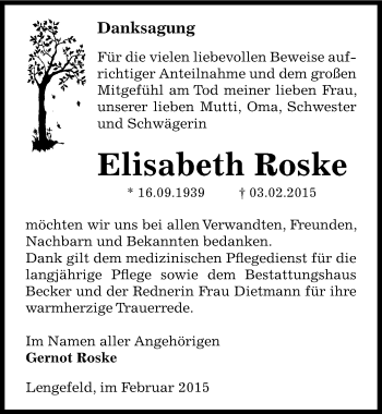 Traueranzeige von Elisabeth Roske von Mitteldeutsche Zeitung Sangerhausen