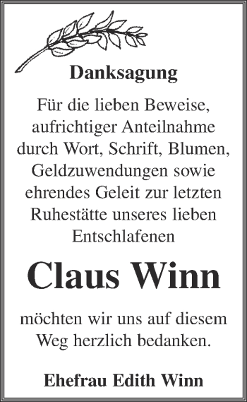 Traueranzeige von Claus Winn von Super Sonntag Dessau / Köthen