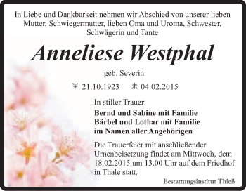 Traueranzeige von Anneliese Westphal von Super Sonntag Quedlinburg