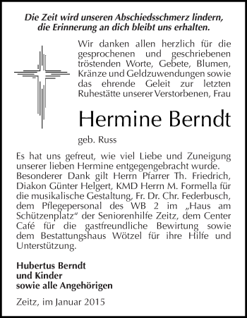 Traueranzeige von Hermine Berndt von Super Sonntag Zeitz