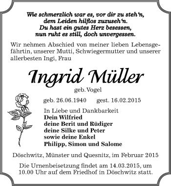 Traueranzeige von Ingrid Müller von Mitteldeutsche Zeitung Zeitz