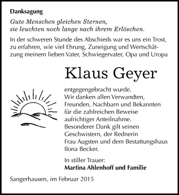 Traueranzeige von Klaus Geyer von Mitteldeutsche Zeitung Sangerhausen