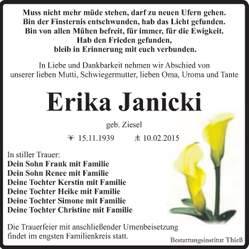 Traueranzeige von Erika Janicki von Super Sonntag Quedlinburg