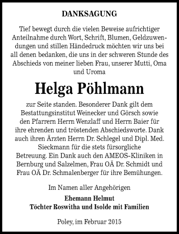 Traueranzeige von Helga Pöhlmann von Mitteldeutsche Zeitung Bernburg