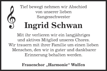 Traueranzeige von Ingrid Schwan von WVG - Wochenspiegel Dessau / Köthen