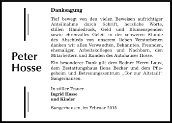 Traueranzeige von Peter Hosse von Mitteldeutsche Zeitung Sangerhausen