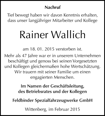 Traueranzeige von Rainer Wallich von WVG - Wochenspiegel Wittenberg