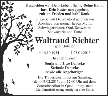 Traueranzeige von Waltraud Richter von WVG - Wochenspiegel Quedlinburg