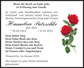 Traueranzeige von Hannelore Patzschke von Mitteldeutsche Zeitung Zeitz