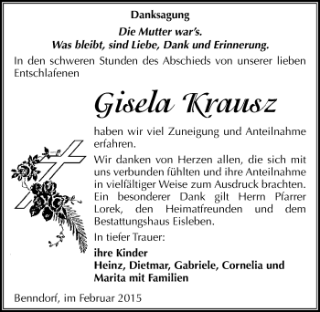 Traueranzeige von Gisela Krausz von Mitteldeutsche Zeitung Mansfelder Land