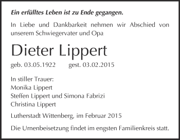 Traueranzeige von Dieter Lippert von WVG - Wochenspiegel Wittenberg