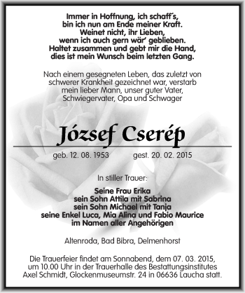 Traueranzeige von Jozsef Cserep von Mitteldeutsche Zeitung Naumburg/Nebra