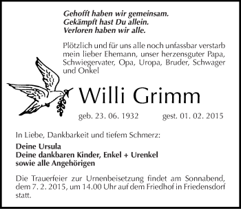 Traueranzeige von Willi Grimm von Mitteldeutsche Zeitung Merseburg/Querfurt