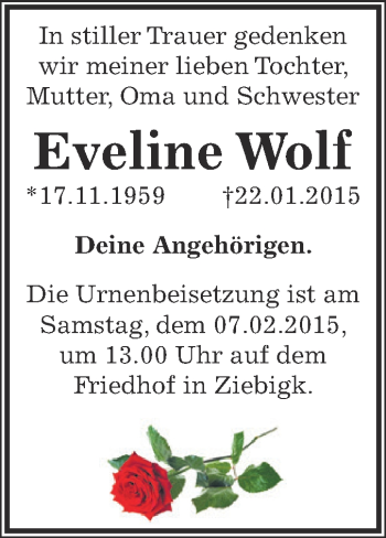 Traueranzeige von Eveline Wolf von WVG - Wochenspiegel Dessau / Köthen
