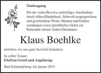 Traueranzeige von Klaus Boehlke von WVG - Wochenspiegel Wittenberg