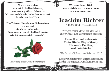 Traueranzeige von Joachim Richter von WVG - Wochenspiegel Dessau / Köthen