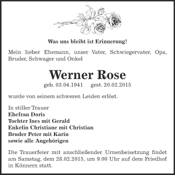 Traueranzeige von Werner Rose von WVG - Wochenspiegel Bernburg