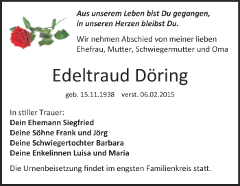 Traueranzeige von Edeltraud Döring von WVG - Wochenspiegel NMB / WSF / ZTZ