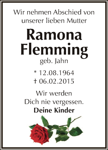 Traueranzeige von Ramona Flemming von WVG - Wochenspiegel Dessau / Köthen