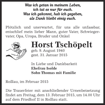 Traueranzeige von Horst Tschöpelt von WVG - Wochenspiegel Dessau / Köthen