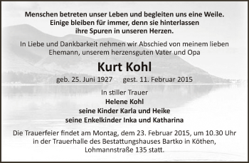 Traueranzeige von Kurt Kohl von WVG - Wochenspiegel Dessau / Köthen
