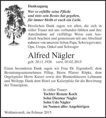 Traueranzeige von Alfred Nägler von WVG - Wochenspiegel NMB / WSF / ZTZ
