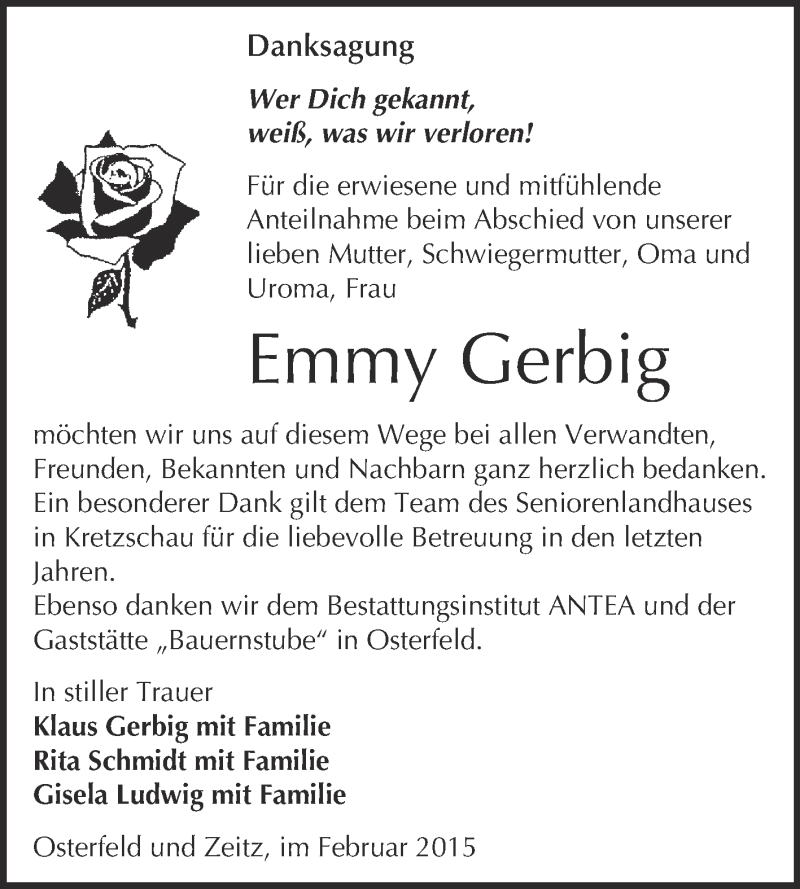  Traueranzeige für Emmy Gerbig vom 11.02.2015 aus WVG - Wochenspiegel NMB / WSF / ZTZ