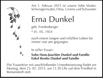 Traueranzeige von Erna Dunkel von Mitteldeutsche Zeitung Halle/Saalkreis