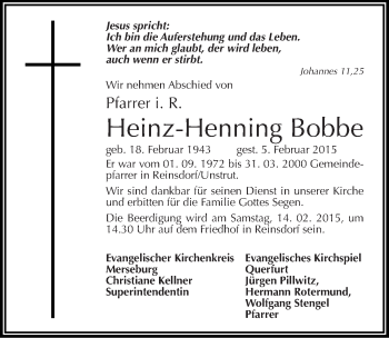 Traueranzeige von Heinz-Henning Bobbe von Mitteldeutsche Zeitung Merseburg/Querfurt