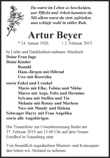 Traueranzeige von Artur Beyer von WVG - Wochenspiegel NMB / WSF / ZTZ
