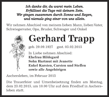 Traueranzeige von Gerhard Trapp von Super Sonntag Aschersleben