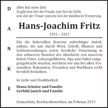 Traueranzeige von Hans-Joachim Fritz von WVG - Wochenspiegel Merseburg