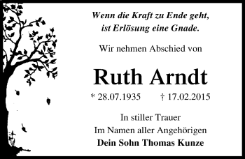 Traueranzeige von Ruth Arndt von Mitteldeutsche Zeitung Wittenberg