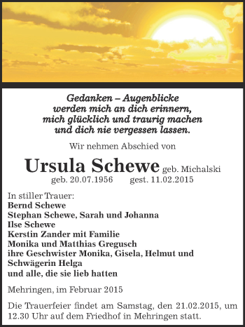 Traueranzeige von Ursula Schewe von Super Sonntag Aschersleben