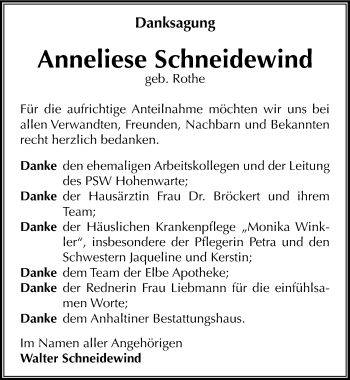 Traueranzeige von Anneliese Schneidewind von Mitteldeutsche Zeitung Dessau-Roßlau