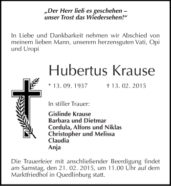 Traueranzeige von Hubertus Krause von Mitteldeutsche Zeitung Quedlinburg