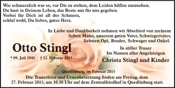 Traueranzeige von Otto Stingl von Mitteldeutsche Zeitung Quedlinburg