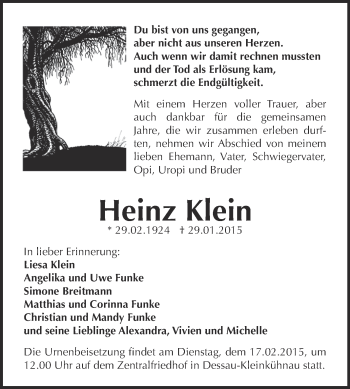 Traueranzeige von Heinz Klein von WVG - Wochenspiegel Dessau / Köthen