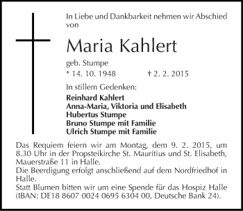 Traueranzeige von Maria Kahlert von Mitteldeutsche Zeitung Halle/Saalkreis