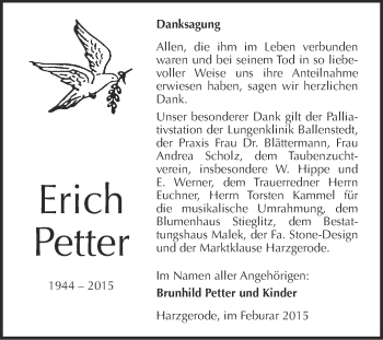 Traueranzeige von Erich Petter von WVG - Wochenspiegel Quedlinburg