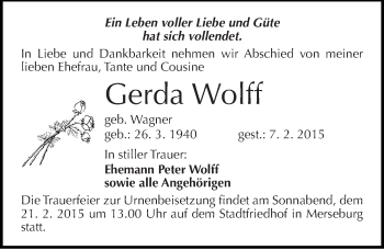 Traueranzeige von Gerda Wolff von Mitteldeutsche Zeitung Merseburg/Querfurt