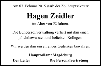 Traueranzeige von Hagen Zeidler von Mitteldeutsche Zeitung Halle/Saalkreis