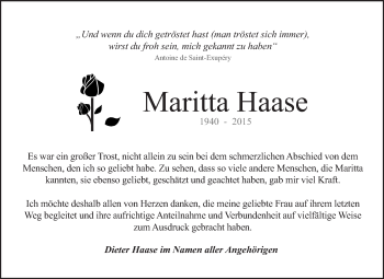 Traueranzeige von Maritta Haase von WVG - Wochenspiegel NMB / WSF / ZTZ