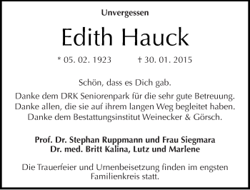 Traueranzeige von Edith Hauck von Mitteldeutsche Zeitung Bernburg