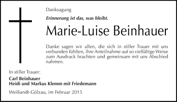 Traueranzeige von Marie-Luise Beinhauer von Mitteldeutsche Zeitung Köthen