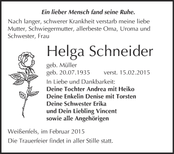 Traueranzeige von Helga Schneider von WVG - Wochenspiegel NMB / WSF / ZTZ